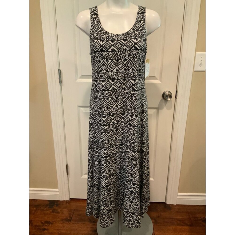 Lauren Ralph Lauren Black & White Geometric Sleeveless Trapeze Midi Dress Size M